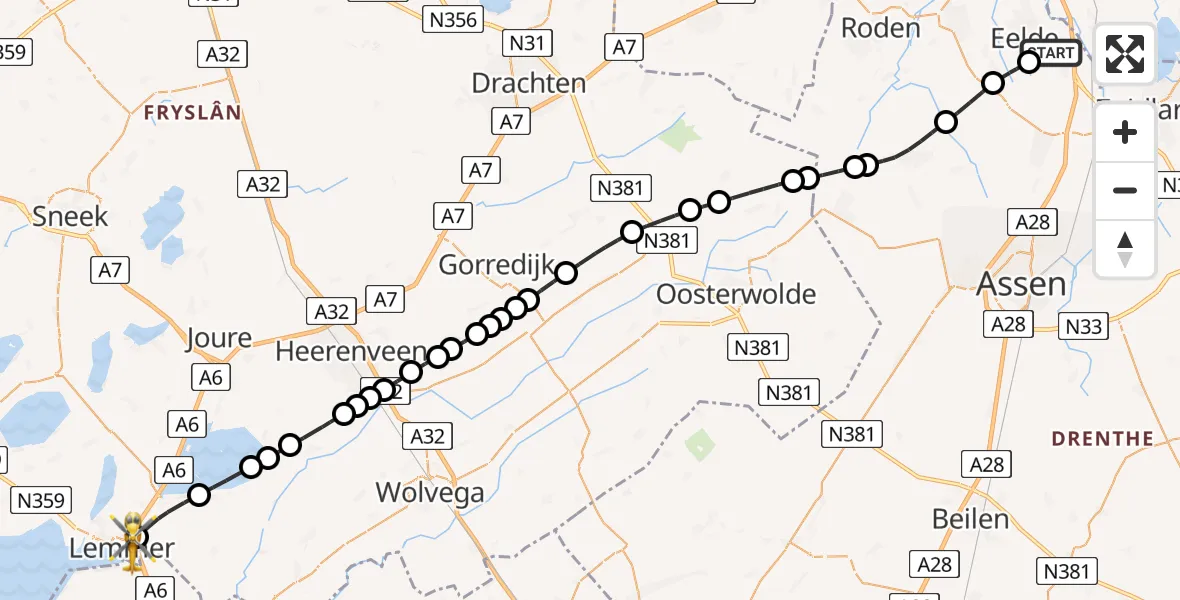 Vluchtroute Traumahelikopter Groningen Airport Eelde - Lemmer, 14 augustus 2026, 16:45