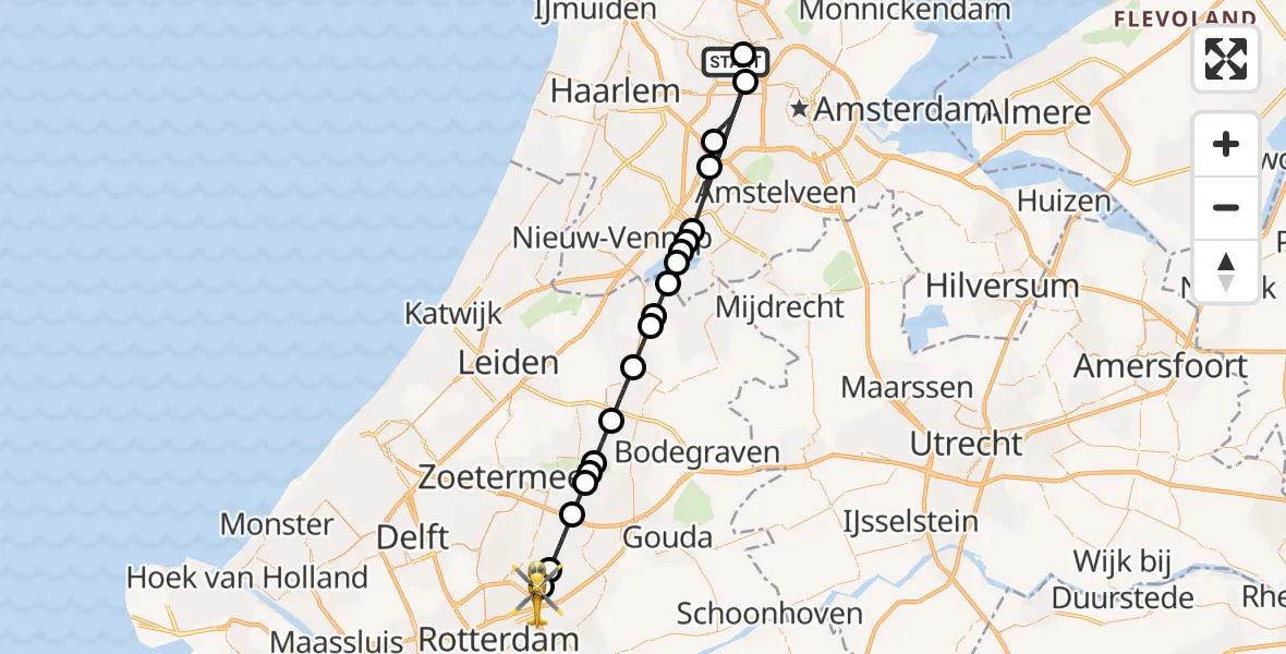 Vluchtroute Traumahelikopter Amsterdam Heliport - Rotterdam, 14 augustus 2026, 17:34