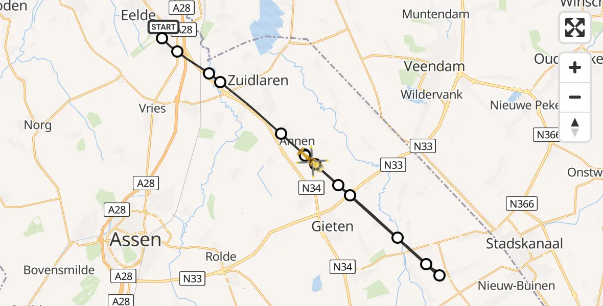 Vluchtroute Traumahelikopter Groningen Airport Eelde - Annen, 14 augustus 2026, 18:36