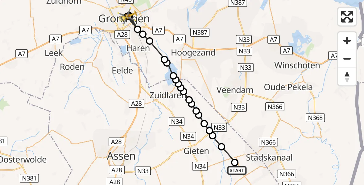 Vluchtroute Traumahelikopter Drouwenermond - Universitair Medisch Centrum Heliport, 14 augustus 2026, 19:25