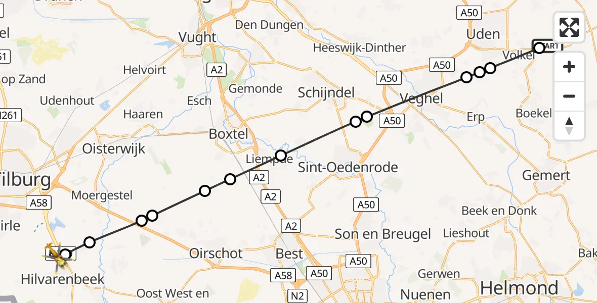 Vluchtroute Traumahelikopter Vliegbasis Volkel - Hilvarenbeek, 14 augustus 2026, 21:06