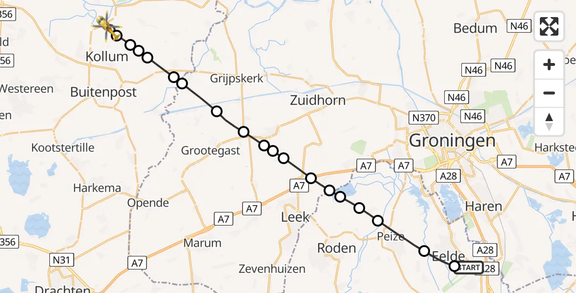 Vluchtroute Traumahelikopter Groningen Airport Eelde - Kollum, 14 augustus 2026, 21:37