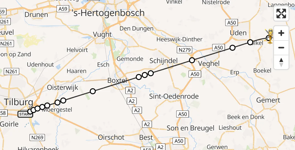 Vluchtroute Traumahelikopter St. Elisabeth Hospital Heliport - Vliegbasis Volkel, 14 augustus 2026, 22:12