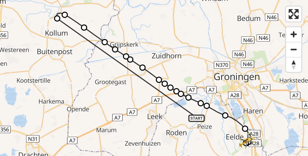 Vluchtroute Traumahelikopter Foxwolde - Groningen Airport Eelde, 14 augustus 2026, 22:31