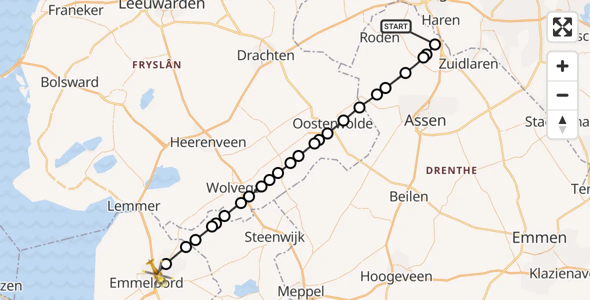 Vluchtroute Traumahelikopter Foxwolde - Emmeloord, 14 augustus 2026, 22:45