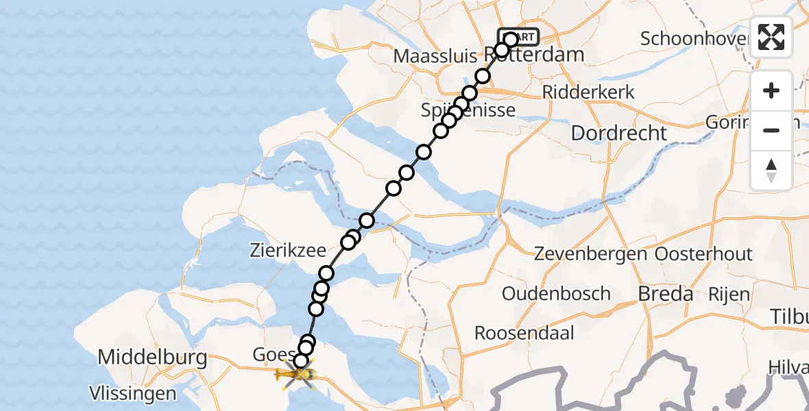 Vluchtroute Traumahelikopter Rotterdam The Hague Airport - Kapelle, 14 augustus 2026, 22:58