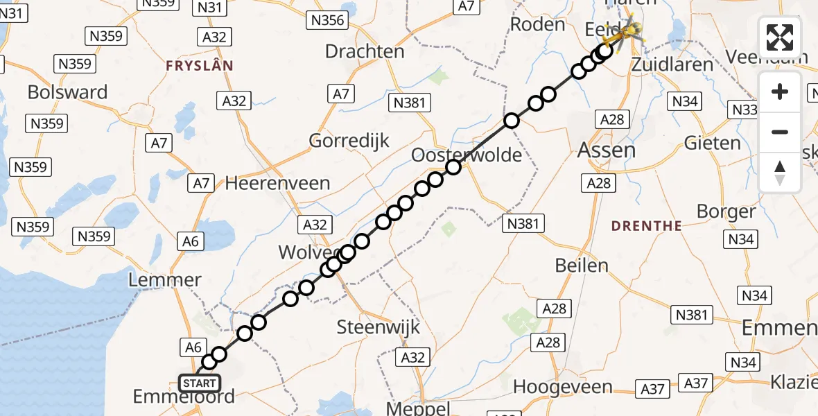 Vluchtroute Traumahelikopter Emmeloord - Groningen Airport Eelde, 14 augustus 2026, 23:38