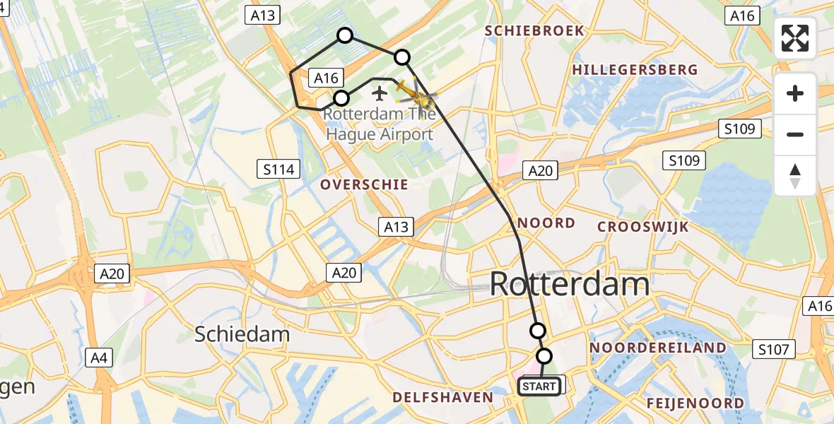 Vluchtroute Traumahelikopter Erasmus MC - Rotterdam The Hague Airport, 15 augustus 2026, 00:29