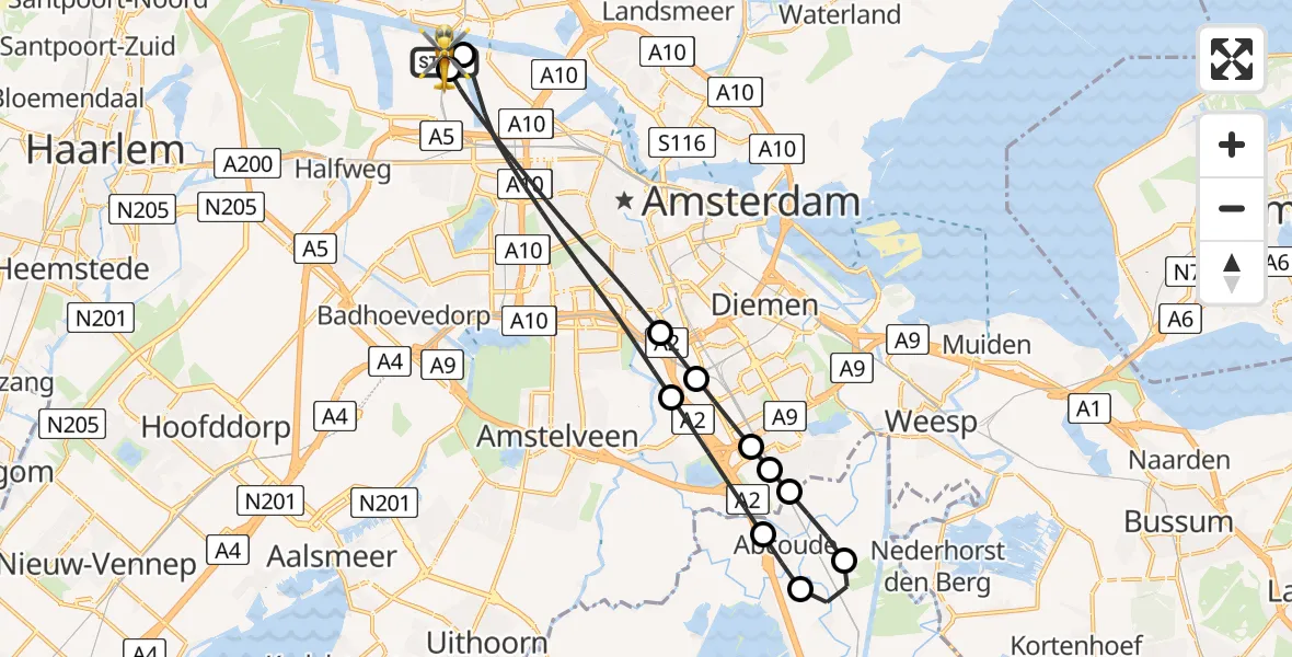 Vluchtroute Traumahelikopter Amsterdam Heliport - Amsterdam Heliport, 15 augustus 2026, 02:44