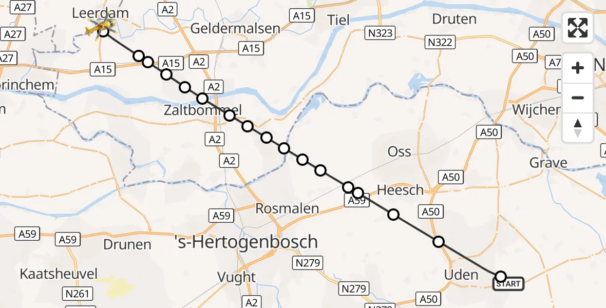 Vluchtroute Traumahelikopter Vliegbasis Volkel - Asperen, 15 augustus 2026, 07:09