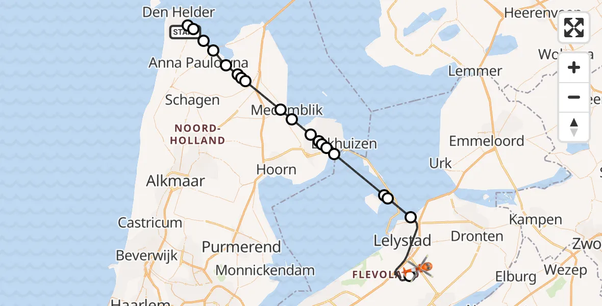 Vluchtroute Kustwachthelikopter Militair vliegveld De Kooy / Den Helder Airport - Lelystad Airport, 15 augustus 2026, 09:55