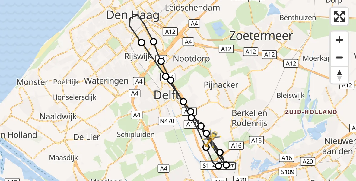 Vluchtroute Traumahelikopter Rotterdam The Hague Airport - Pijnacker, 15 augustus 2026, 12:57