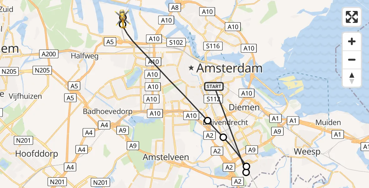 Vluchtroute Traumahelikopter Amsterdam - Amsterdam Heliport, 15 augustus 2026, 13:27