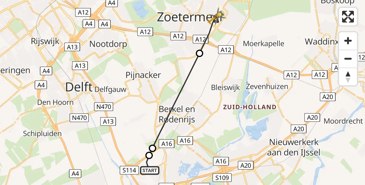 Vluchtroute Traumahelikopter Rotterdam The Hague Airport - Zoetermeer, 15 augustus 2026, 13:28
