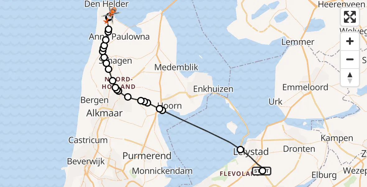 Vluchtroute Kustwachthelikopter Lelystad Airport - Militair vliegveld De Kooy / Den Helder Airport, 15 augustus 2026, 13:34