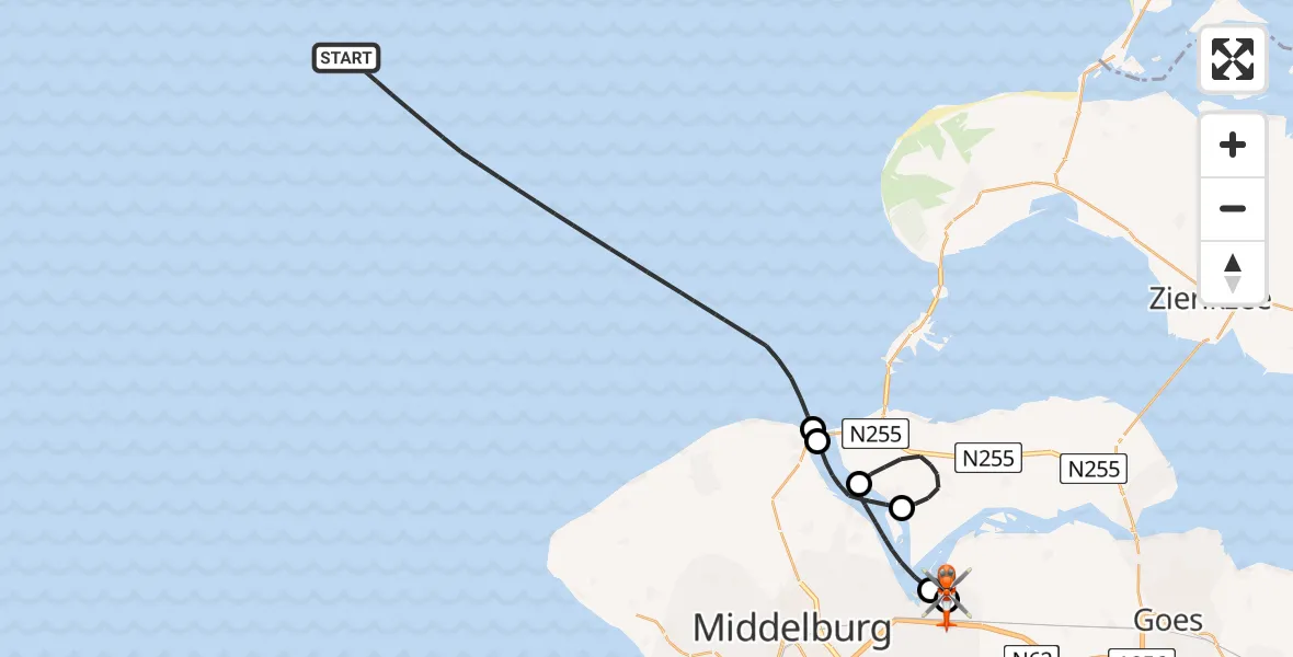 Vluchtroute Kustwachthelikopter Noordzee - Vliegveld Midden-Zeeland, 15 augustus 2026, 14:00