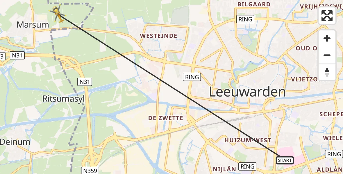 Vluchtroute Ambulancehelikopter Leeuwarden Medical Center Heliport - Marsum, 15 augustus 2026, 16:39