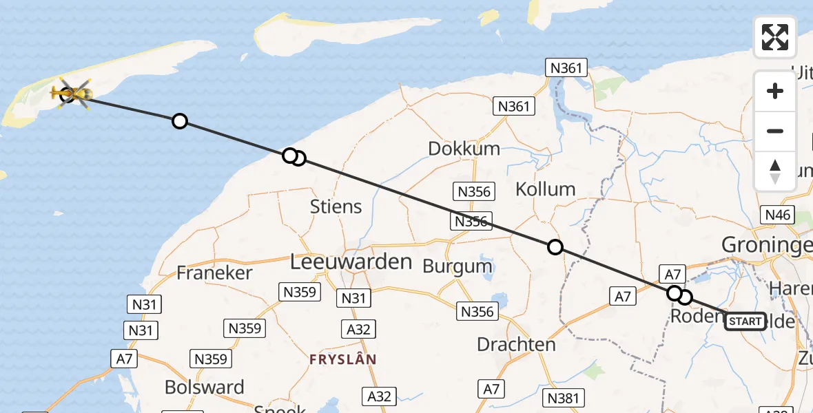 Vluchtroute Traumahelikopter Peize - Terschelling Heliport, 15 augustus 2026, 18:06