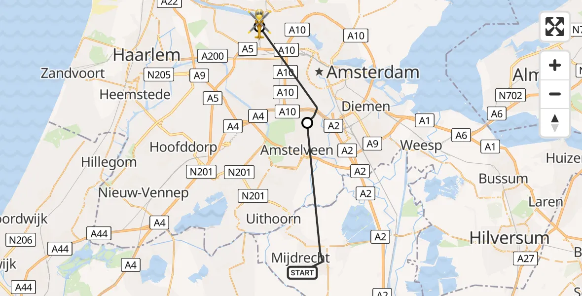 Vluchtroute Traumahelikopter Wilnis - Amsterdam Heliport, 15 augustus 2026, 18:06