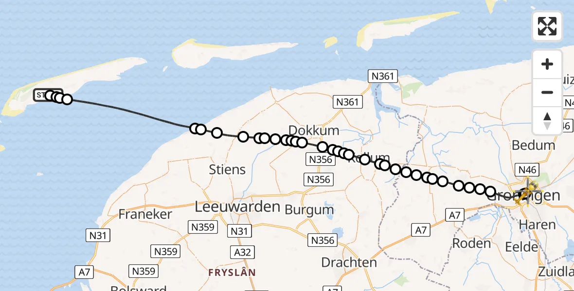 Vluchtroute Traumahelikopter Terschelling Heliport - Universitair Medisch Centrum Groningen, 15 augustus 2026, 19:07