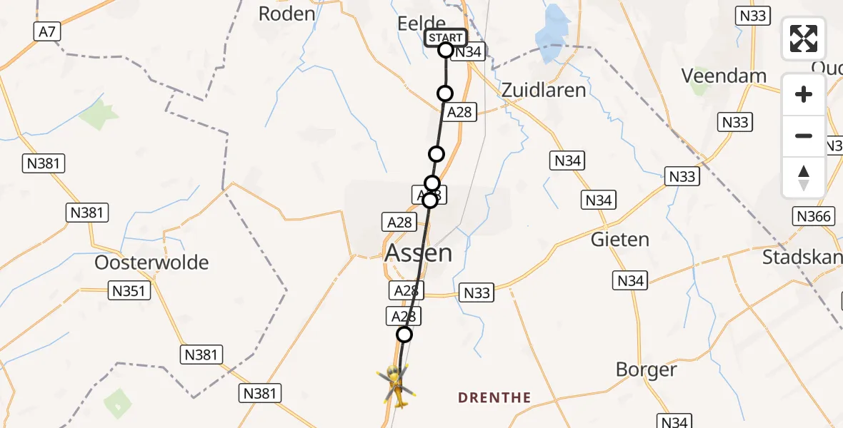 Vluchtroute Traumahelikopter Groningen Airport Eelde - Hooghalen, 15 augustus 2026, 21:11