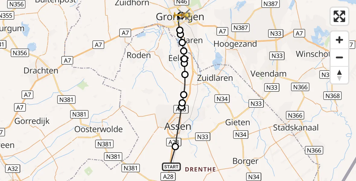Vluchtroute Traumahelikopter Hooghalen - Universitair Medisch Centrum Groningen, 15 augustus 2026, 22:12