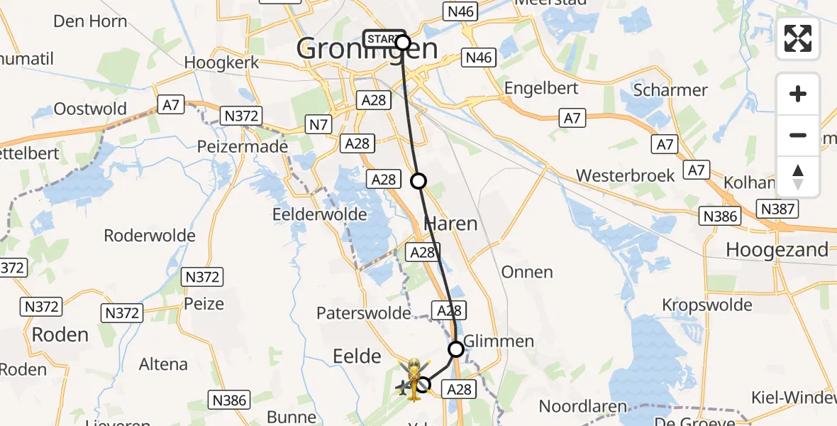 Vluchtroute Traumahelikopter Universitair Medisch Centrum Groningen - Groningen Airport Eelde, 15 augustus 2026, 23:06