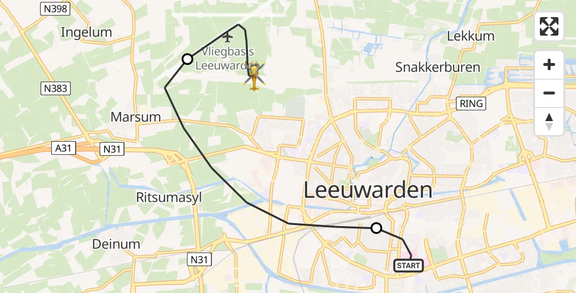 Vluchtroute Ambulancehelikopter Leeuwarden Medical Center Heliport - Vliegbasis Leeuwarden, 15 augustus 2026, 23:29
