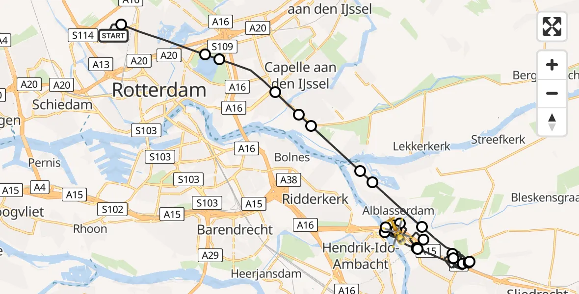 Vluchtroute Traumahelikopter Rotterdam The Hague Airport - Alblasserdam, 16 augustus 2026, 01:05