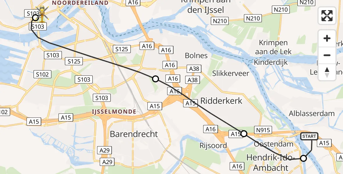 Vluchtroute Traumahelikopter Alblasserdam - Erasmus MC, 16 augustus 2026, 01:36
