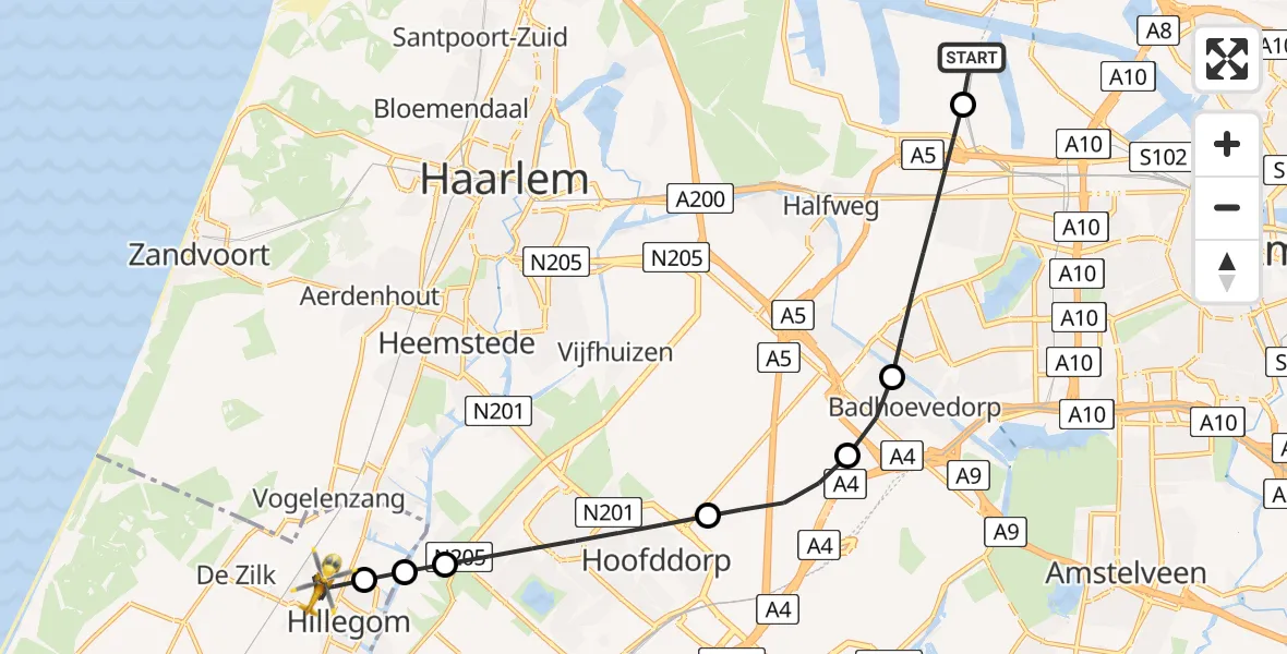 Vluchtroute Traumahelikopter Amsterdam Heliport - Hillegom, 16 augustus 2026, 05:16