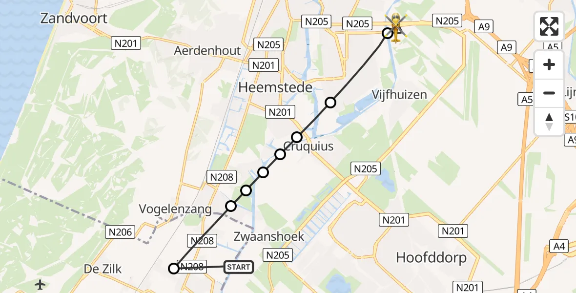 Vluchtroute Traumahelikopter Zwaanshoek - Vijfhuizen, 16 augustus 2026, 05:47