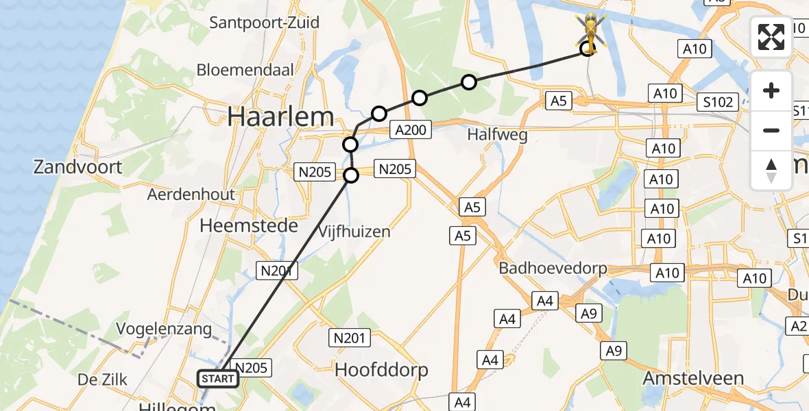 Vluchtroute Traumahelikopter Zwaanshoek - Amsterdam Heliport, 16 augustus 2026, 06:10