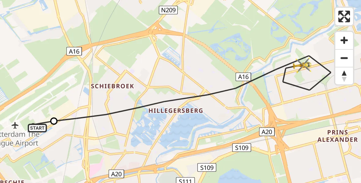 Vluchtroute Traumahelikopter Rotterdam The Hague Airport - Rotterdam, 16 augustus 2026, 09:02