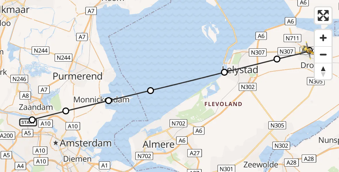 Vluchtroute Traumahelikopter Amsterdam Heliport - Dronten, 16 augustus 2026, 10:06