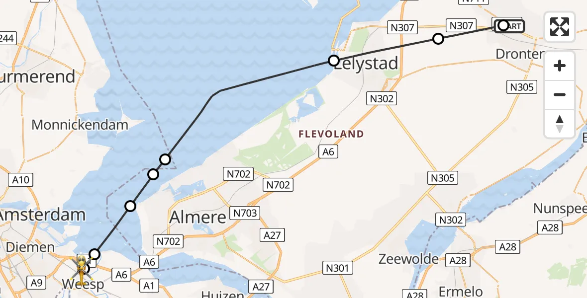 Vluchtroute Traumahelikopter Dronten - Weesp, 16 augustus 2026, 10:35