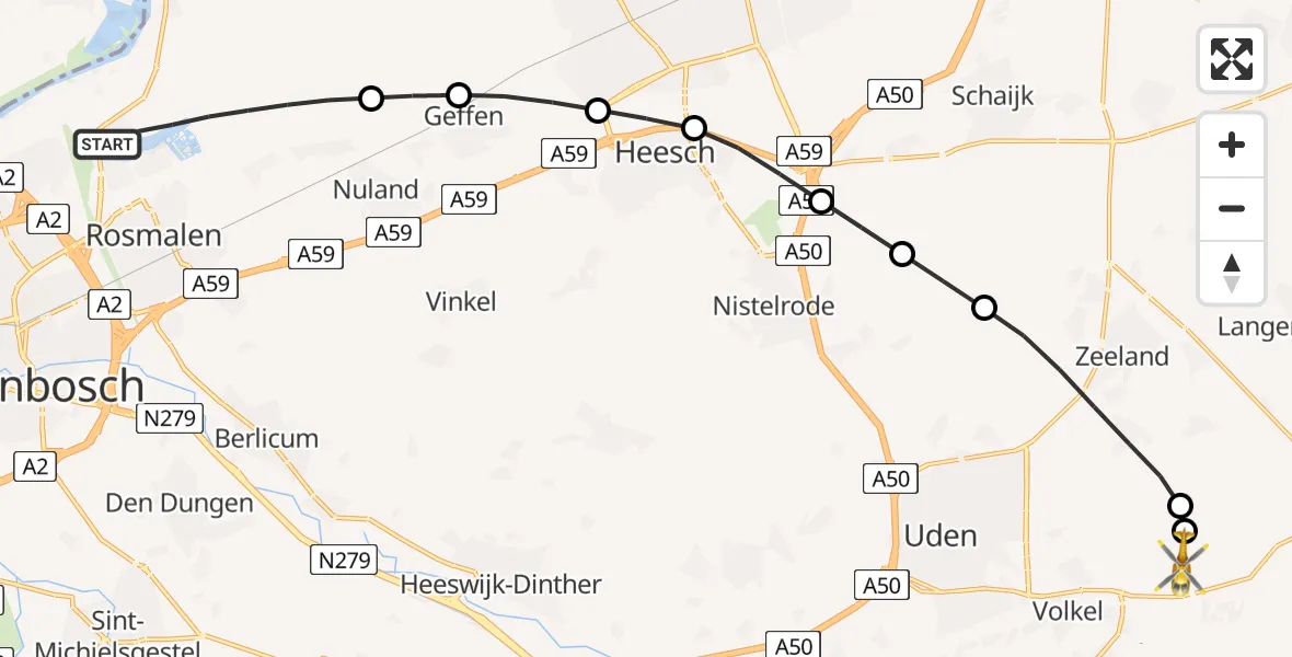 Vluchtroute Traumahelikopter Rosmalen - Vliegbasis Volkel, 16 augustus 2026, 10:44