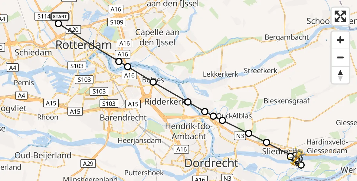 Vluchtroute Traumahelikopter Rotterdam The Hague Airport - Sliedrecht, 16 augustus 2026, 11:28