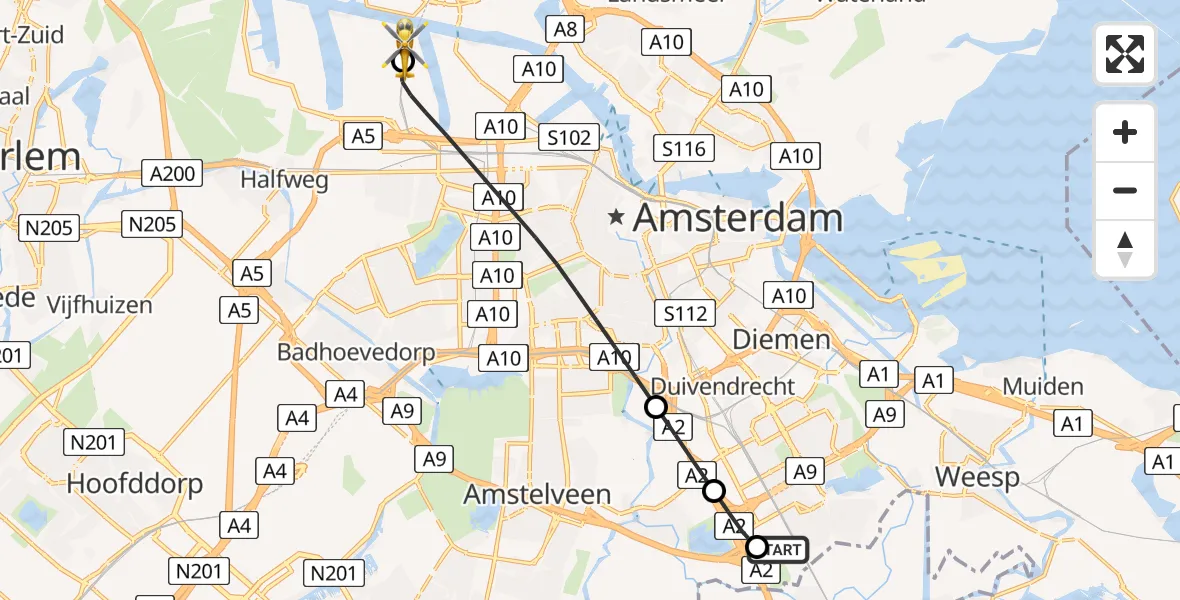 Vluchtroute Traumahelikopter Amsterdam UMC Helipad - Amsterdam Heliport, 16 augustus 2026, 11:49