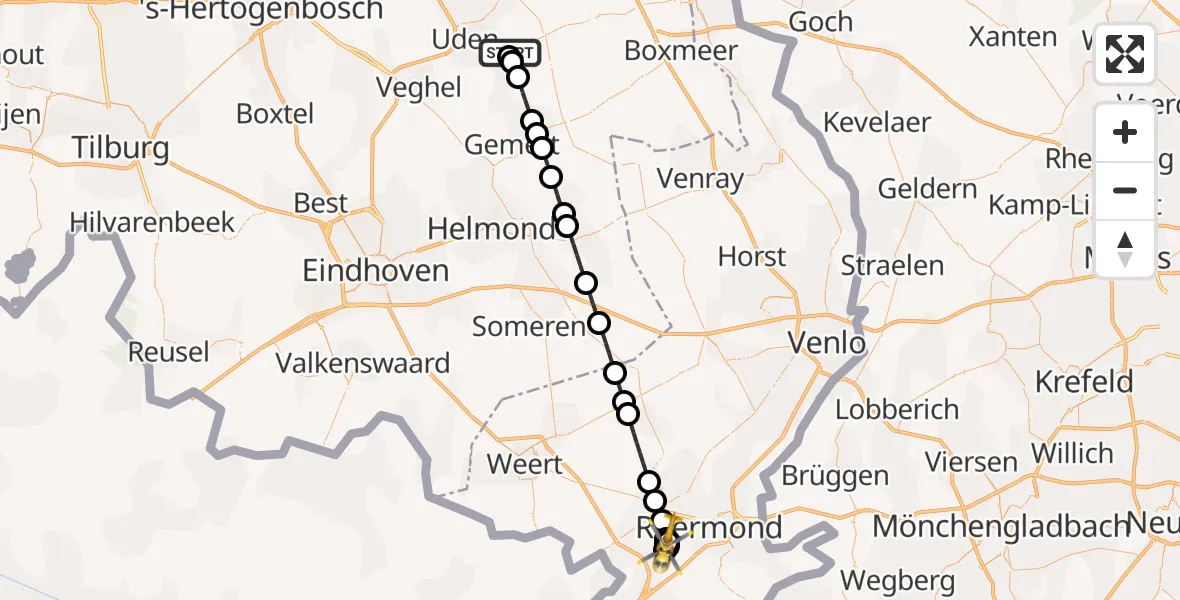 Vluchtroute Traumahelikopter Vliegbasis Volkel - Roermond, 16 augustus 2026, 12:07