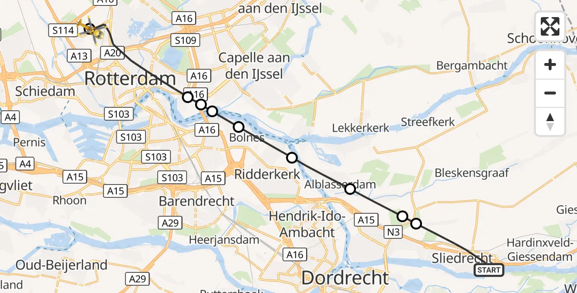 Vluchtroute Traumahelikopter Sliedrecht - Rotterdam The Hague Airport, 16 augustus 2026, 12:08