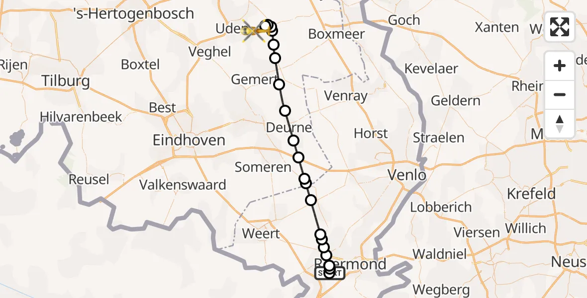 Vluchtroute Traumahelikopter Heel - Vliegbasis Volkel, 16 augustus 2026, 12:35