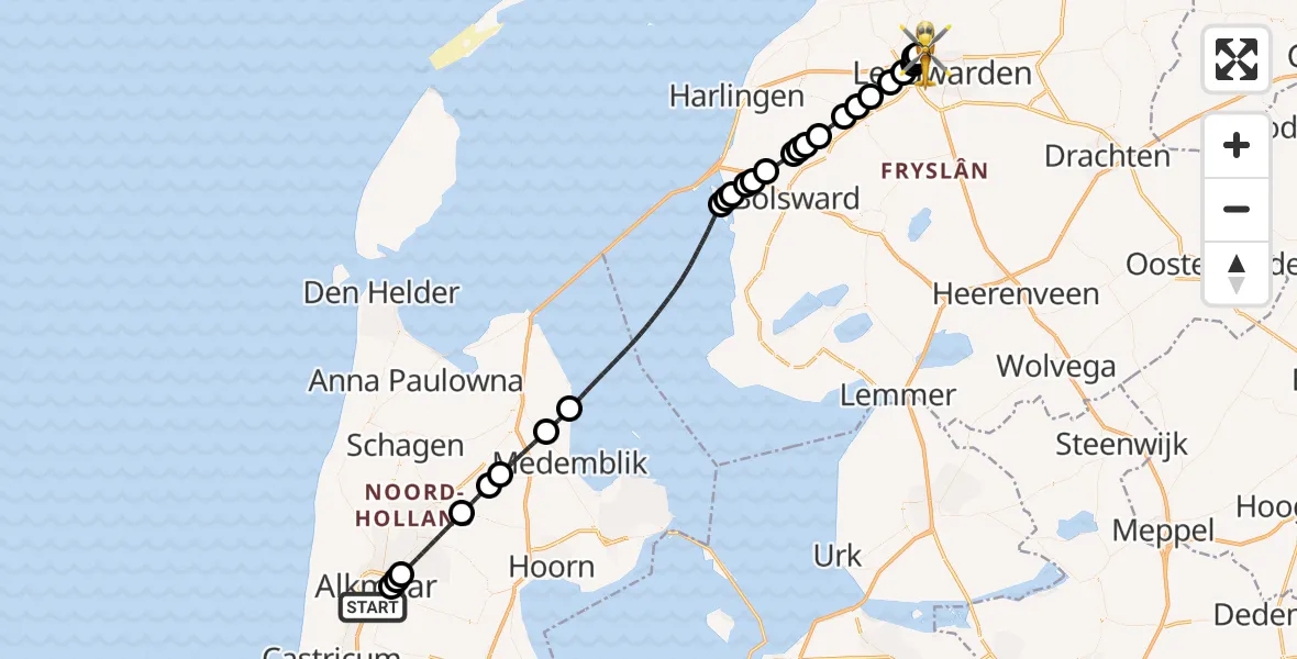 Vluchtroute Ambulancehelikopter Alkmaar - Vliegbasis Leeuwarden, 16 augustus 2026, 12:44