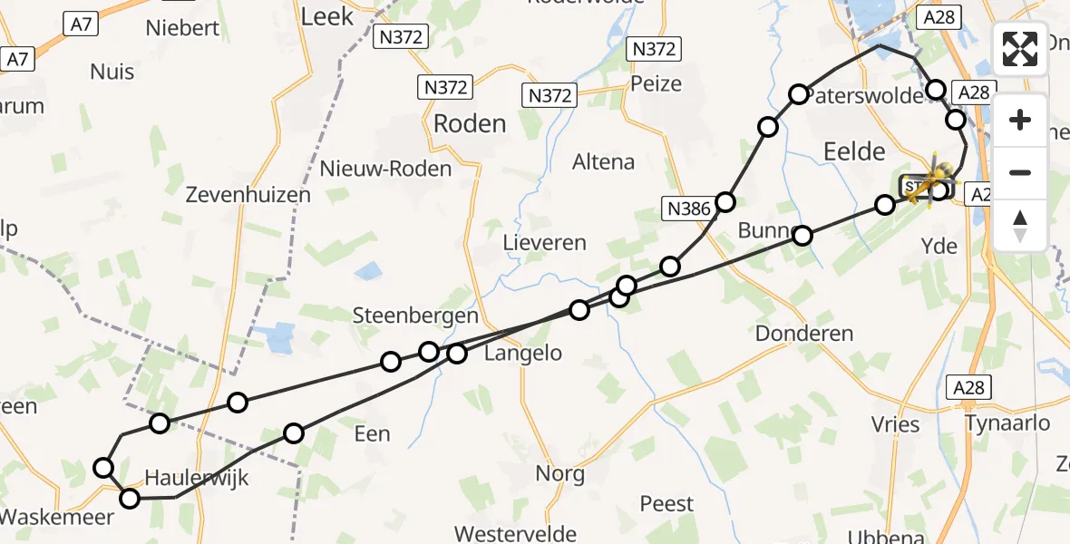 Vluchtroute Traumahelikopter Groningen Airport Eelde - Groningen Airport Eelde, 16 augustus 2026, 12:56