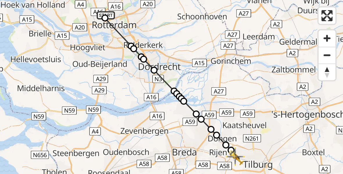 Vluchtroute Traumahelikopter Rotterdam The Hague Airport - Tilburg, 16 augustus 2026, 13:20