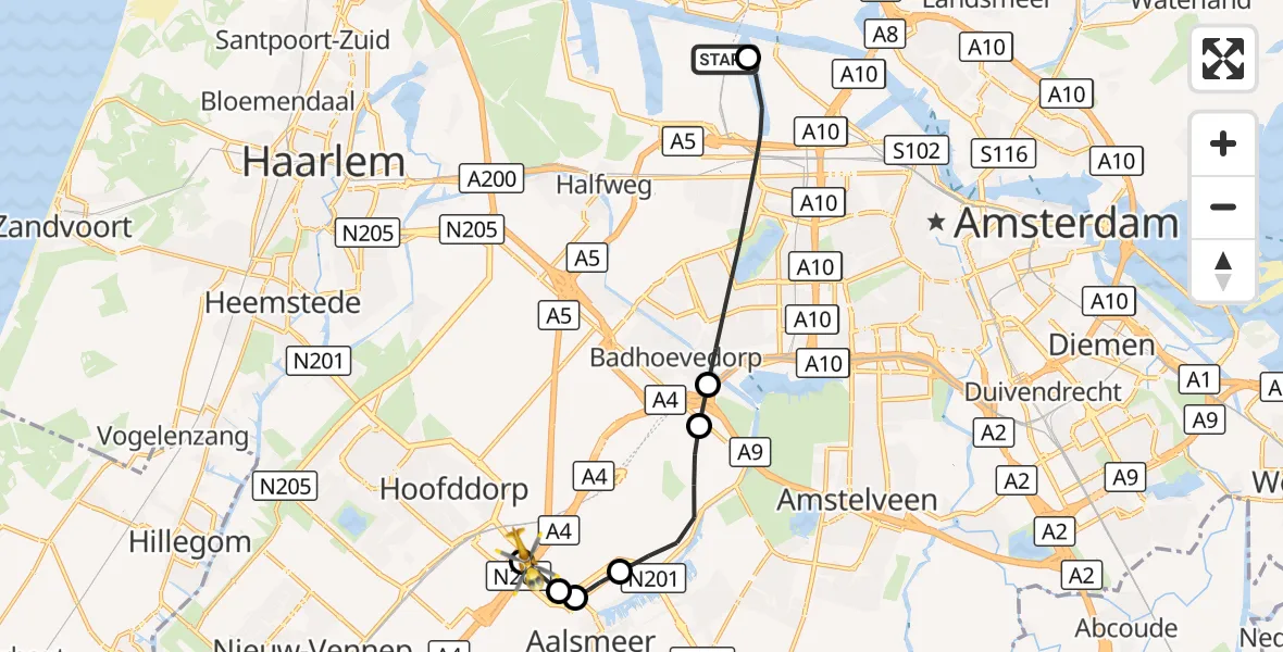 Vluchtroute Traumahelikopter Amsterdam Heliport - Hoofddorp, 16 augustus 2026, 13:35