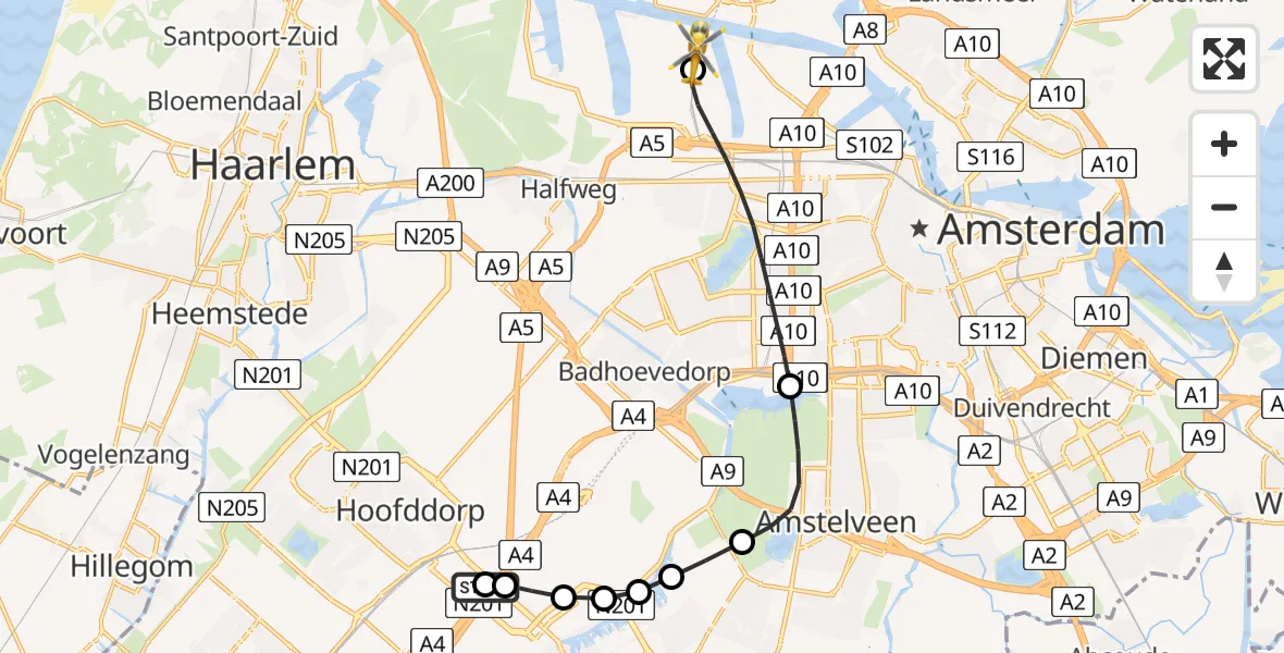 Vluchtroute Traumahelikopter Amsterdam Vliegveld Schiphol - Amsterdam Heliport, 16 augustus 2026, 13:44