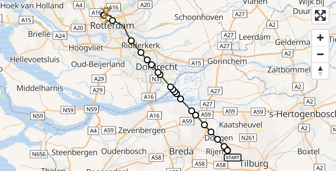 Vluchtroute Traumahelikopter Tilburg - Rotterdam, 16 augustus 2026, 14:21