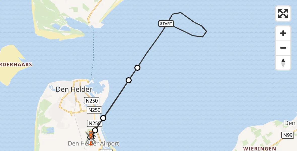 Vluchtroute Kustwachthelikopter Waddenzee - Militair vliegveld De Kooy / Den Helder Airport, 16 augustus 2026, 14:49