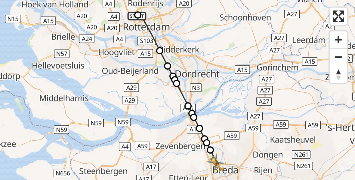 Vluchtroute Traumahelikopter Rotterdam The Hague Airport - Breda, 16 augustus 2026, 15:19